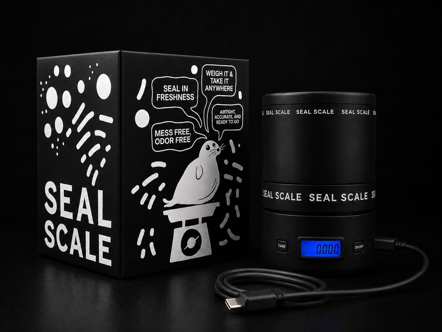 Early Bird reward: one Seal Scale container reading 0.00 g with its printed box and a USB-C charging cable