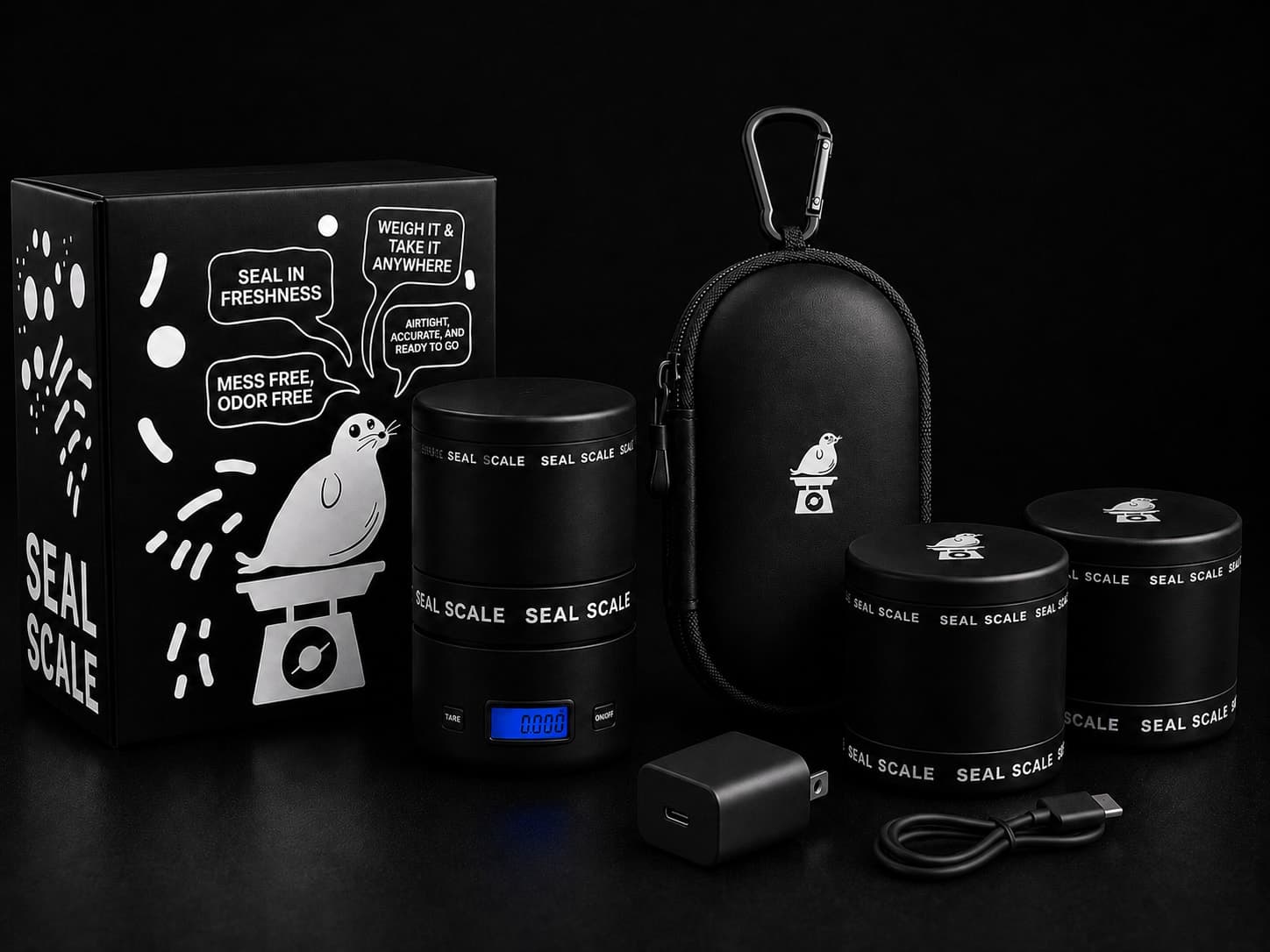 Organizer Kit reward: a Seal Scale, zip travel case, two extra airtight containers, plus USB-C charger and cable