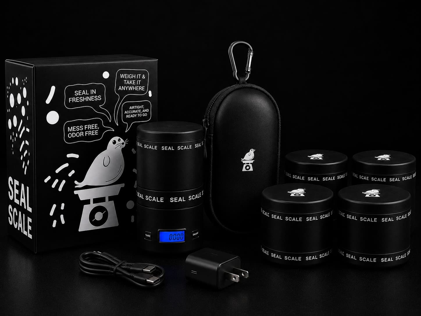 Power User Kit reward: a Seal Scale, zip travel case, four extra airtight containers, plus USB-C charger and cable